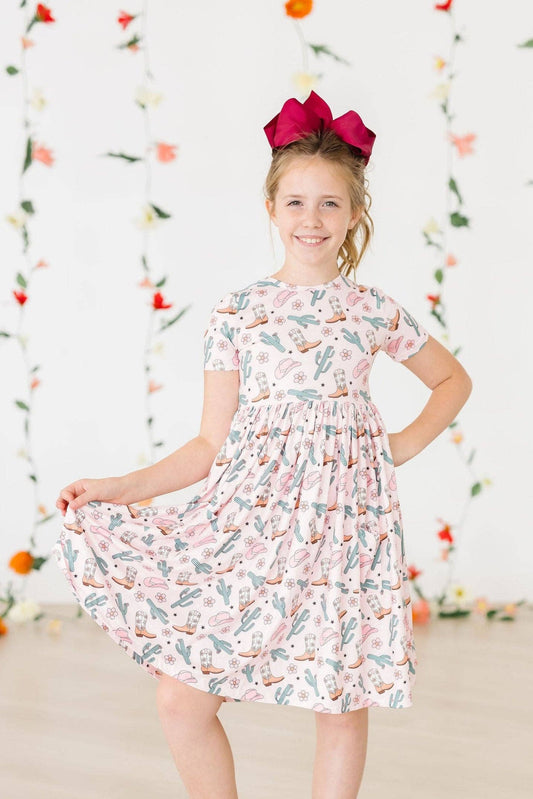 Pink Cactus Cowgirl S/S Pocket Girls Twirl Dress