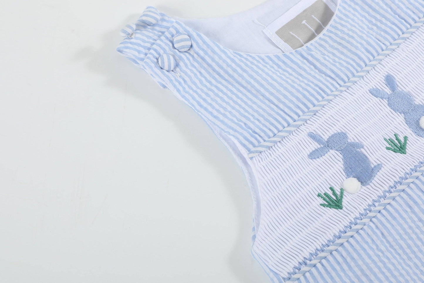 Light Blue Seersucker Easter Bunny Boys Smocked Overalls