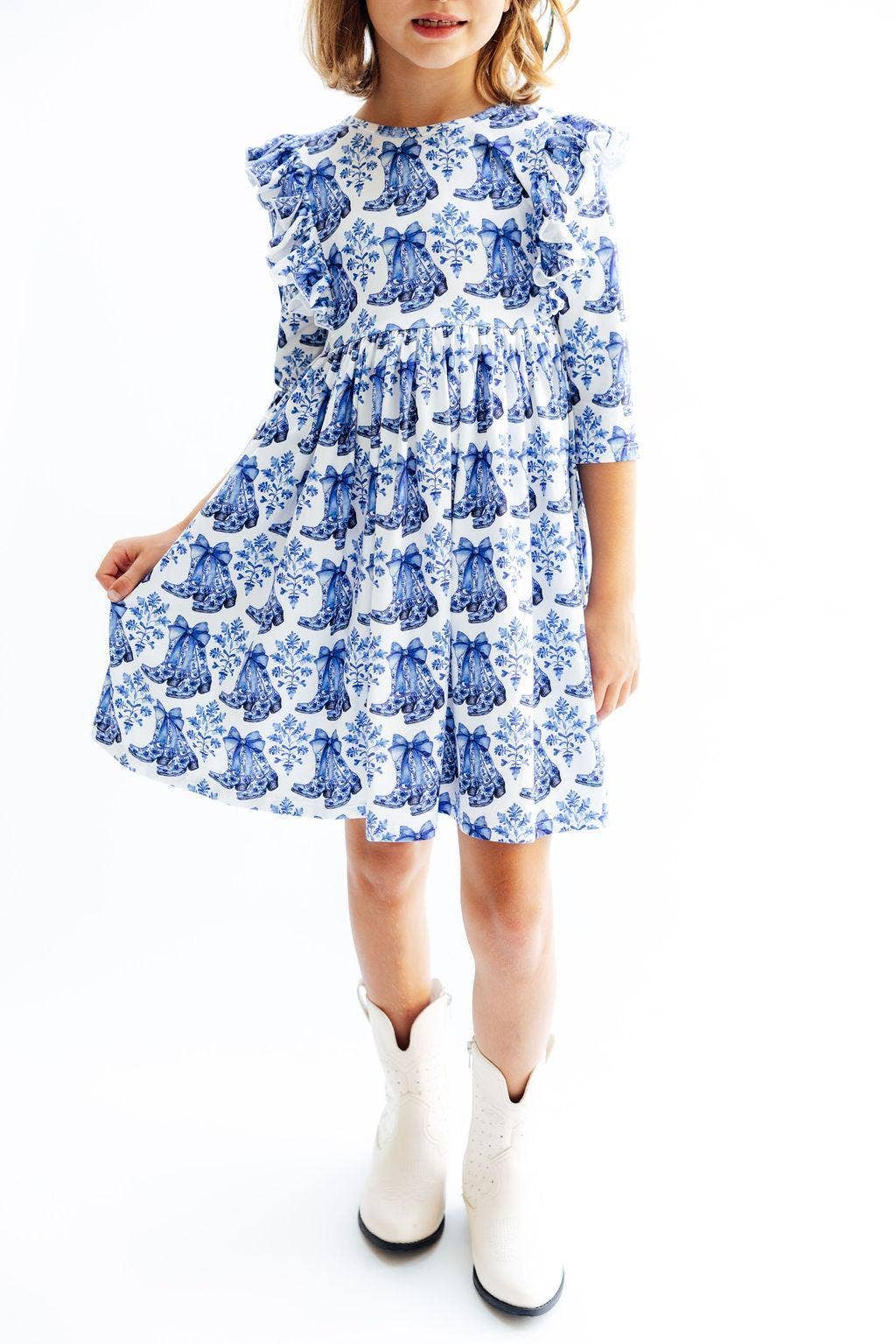 Blue Southern Belle 3/4 Sleeve Ruffle Girls Twirl Dress