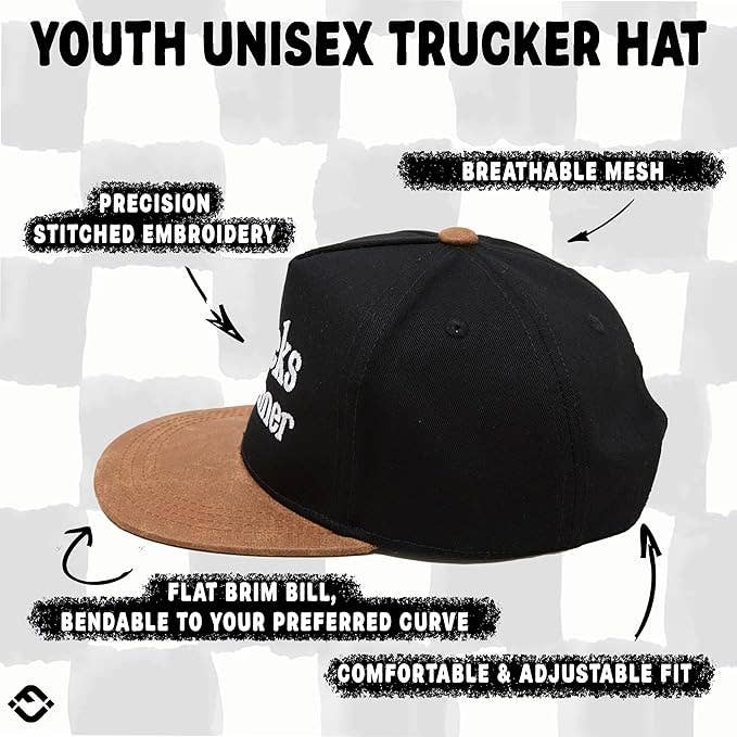 Kids Flat Brim Snacks For Dinner Hat- Black/Faux Leather