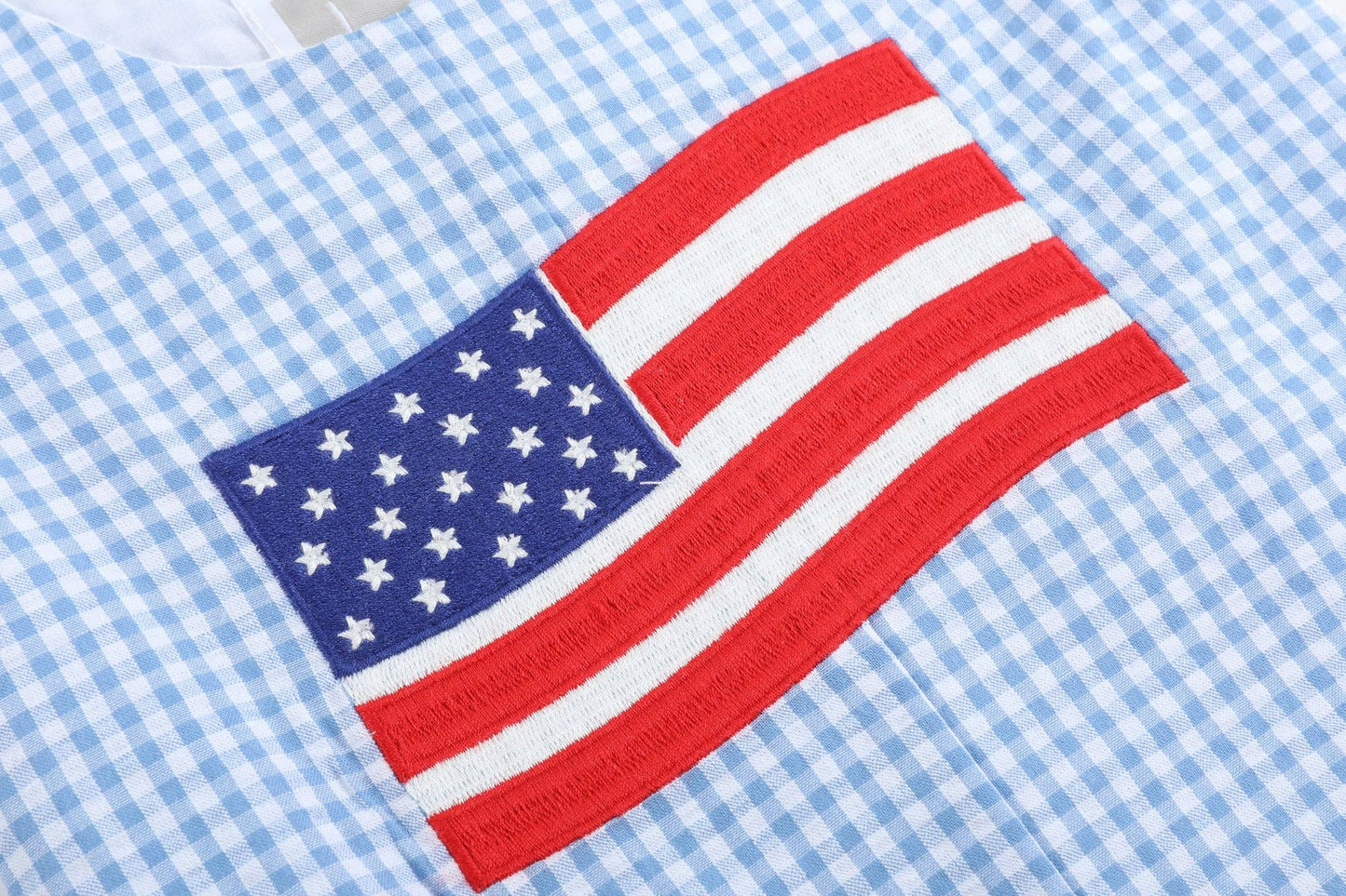 Blue Gingham American Flag Boys Pocket Shortalls