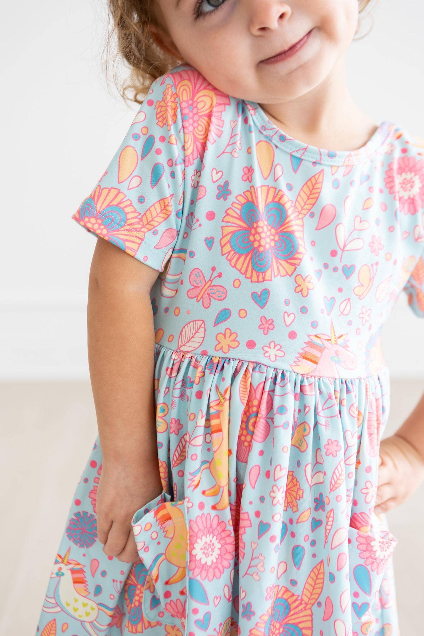 Blue and Pink Retro Unicorns Girls Pocket Twirl Dress