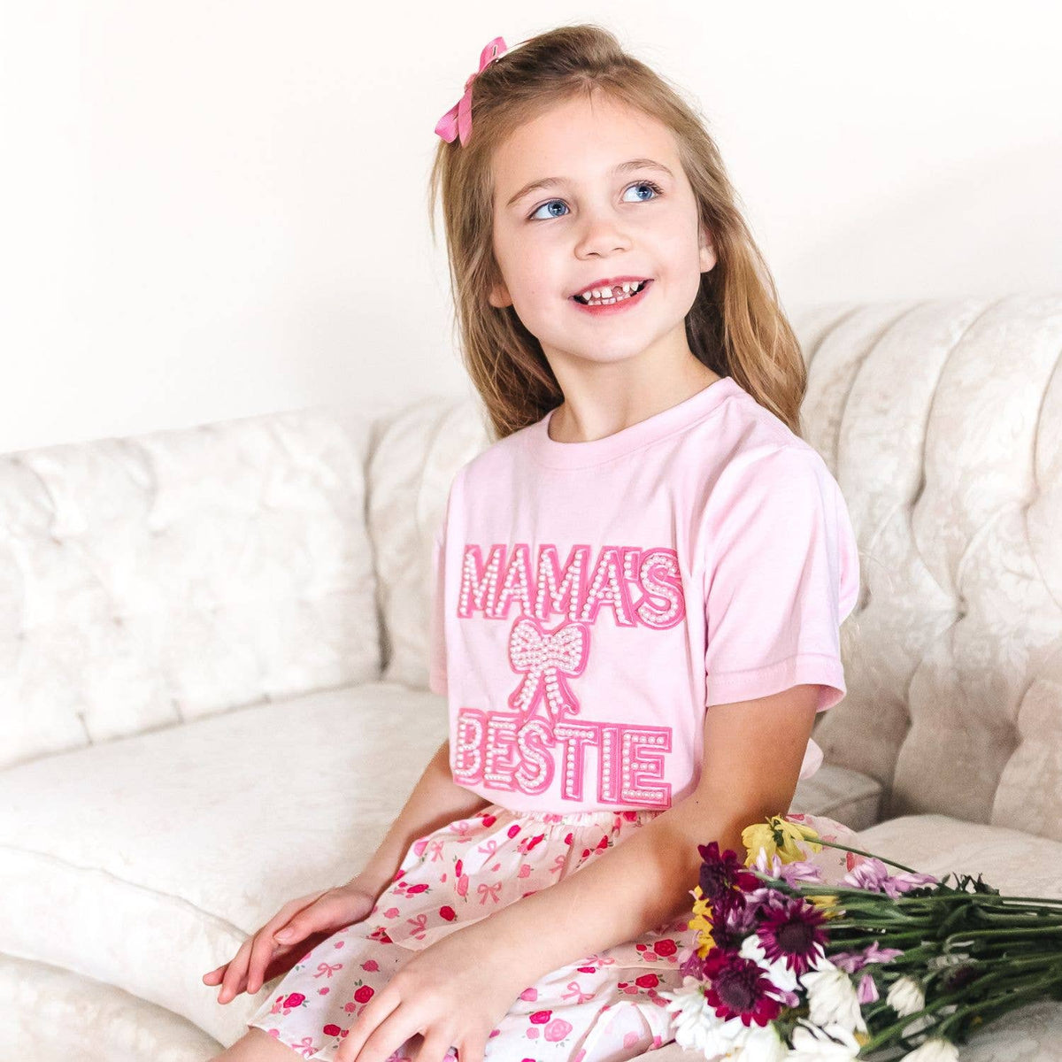 Mama's Bestie Pearl Patch Short Sleeve T-Shirt -Mother's Day: 12-18M