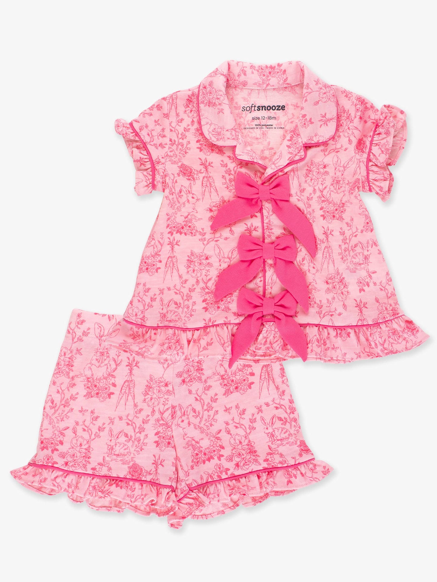 SoftSnooze™ Girls Pink Cottontail Short Sleeve Bow Ruffle Pajama Set