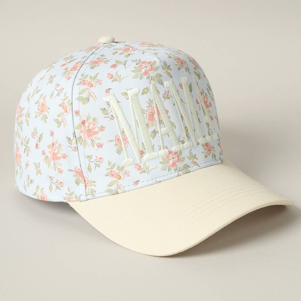 MAMA Women's Embroidered Flower Pattern Trucker Hat: Blue & Beige