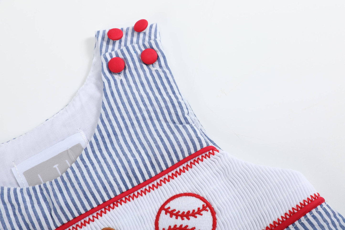 Boys Blue Seersucker Baseball Smocked Shortalls