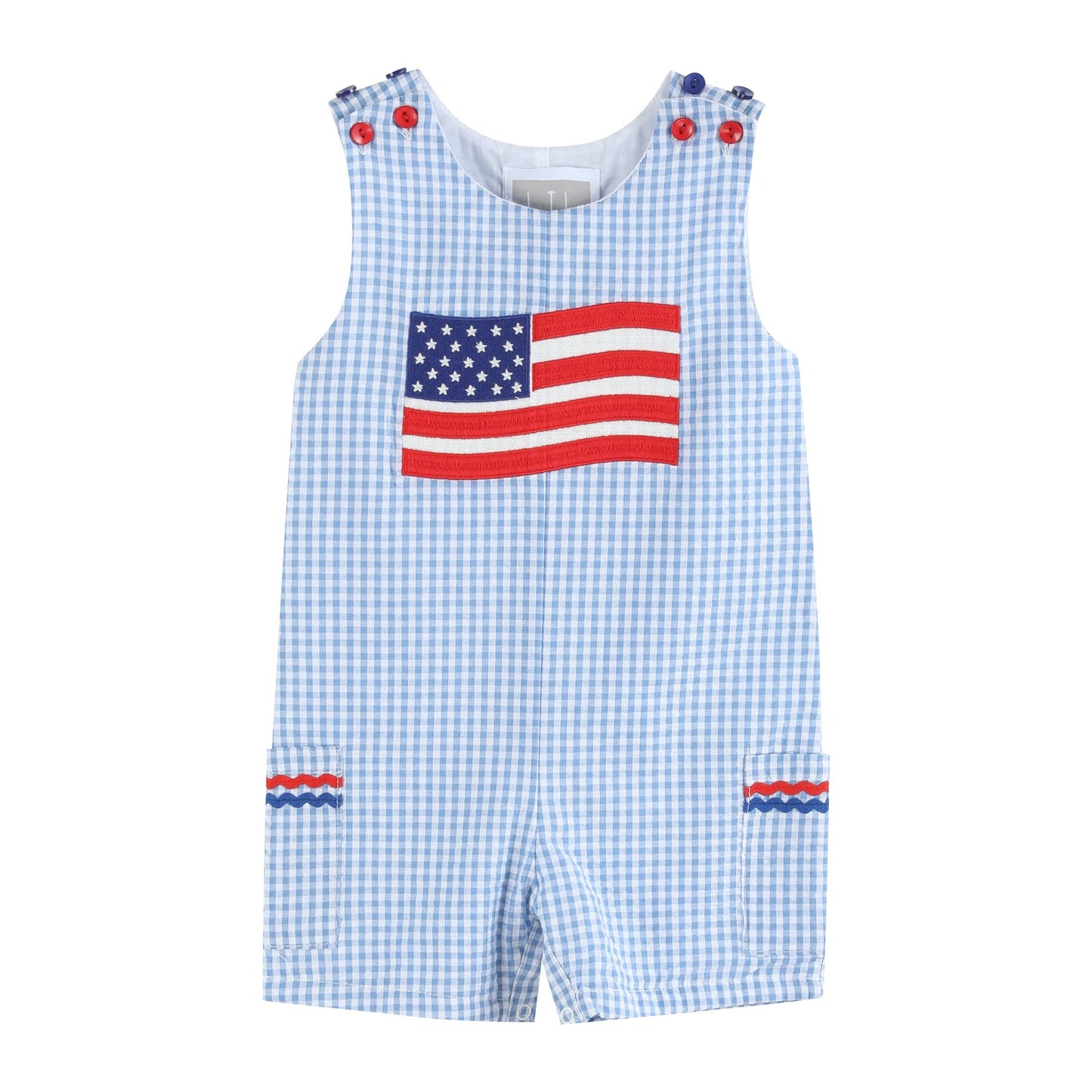 Blue Gingham American Flag Boys Pocket Shortalls