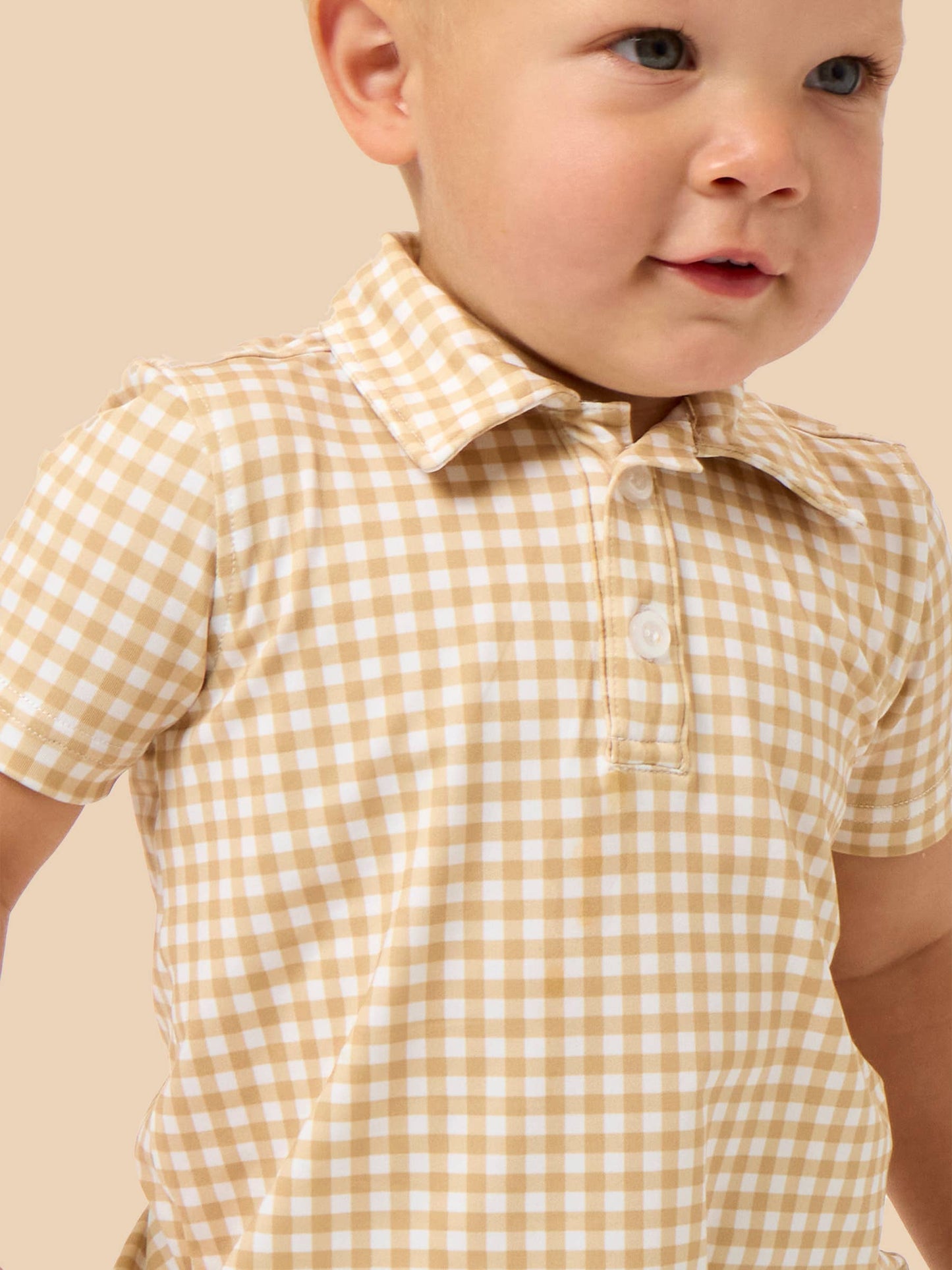 Boys Khaki Gingham Knit Short Sleeve Performance Polo