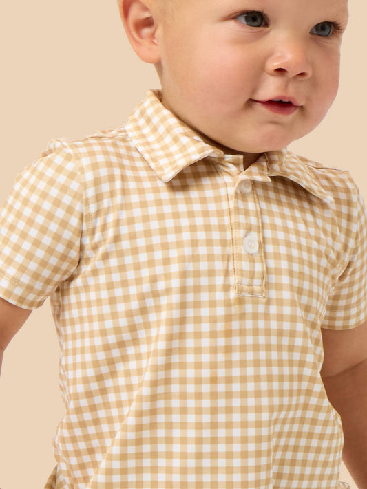 Boys Khaki Gingham Knit Short Sleeve Performance Polo