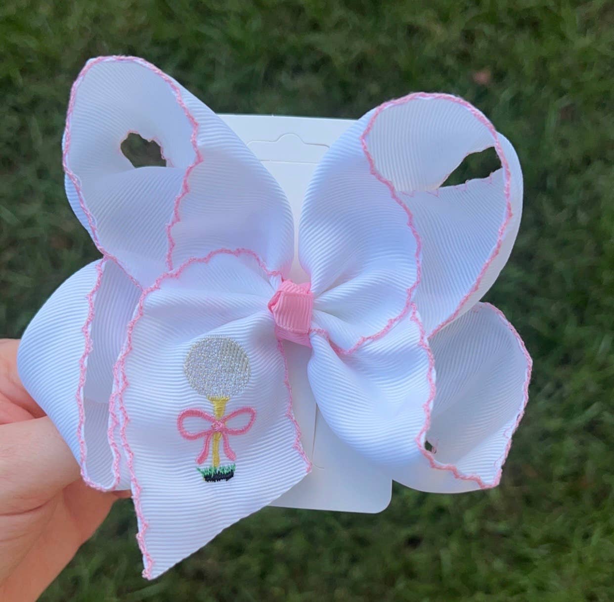 Pink Golf Ball & Tee Embroidered Hair Bow: 5.5 inch