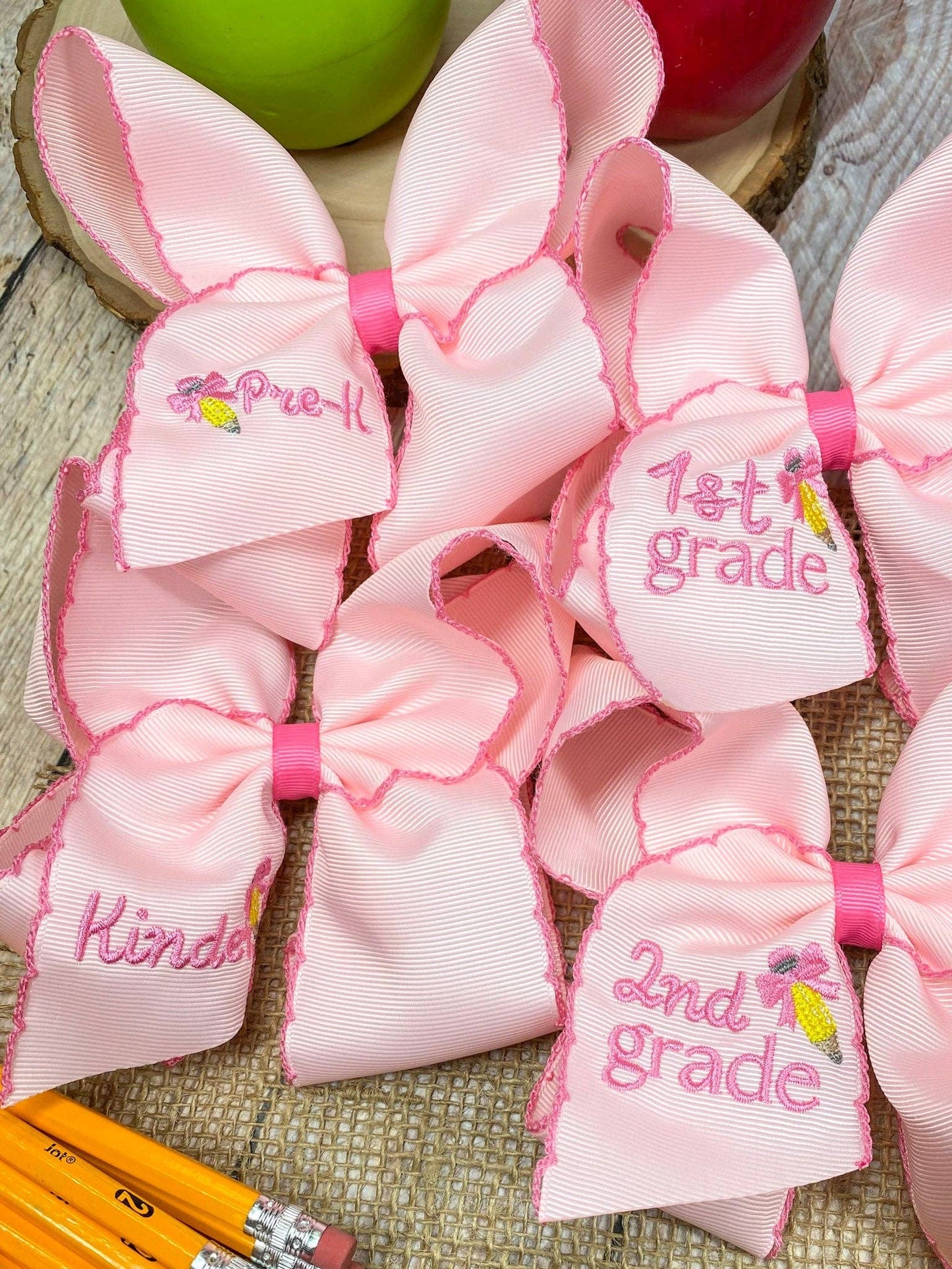 Pink First Grade Embroidered Moonstitch Hair Bow: 1st Grade
