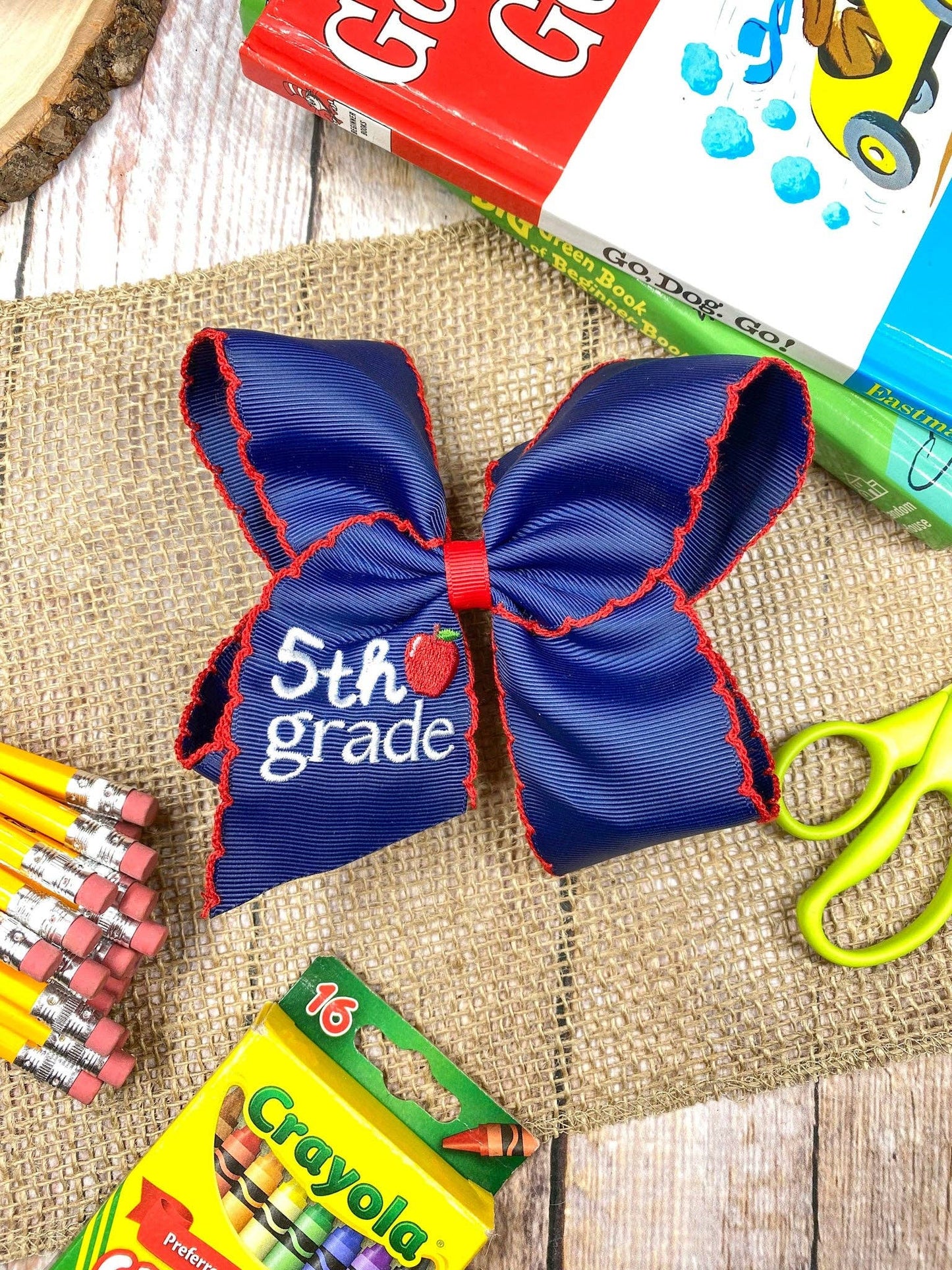 Navy First Grade Embroidered Apple Moonstitch Hair Bow: 1st Grade