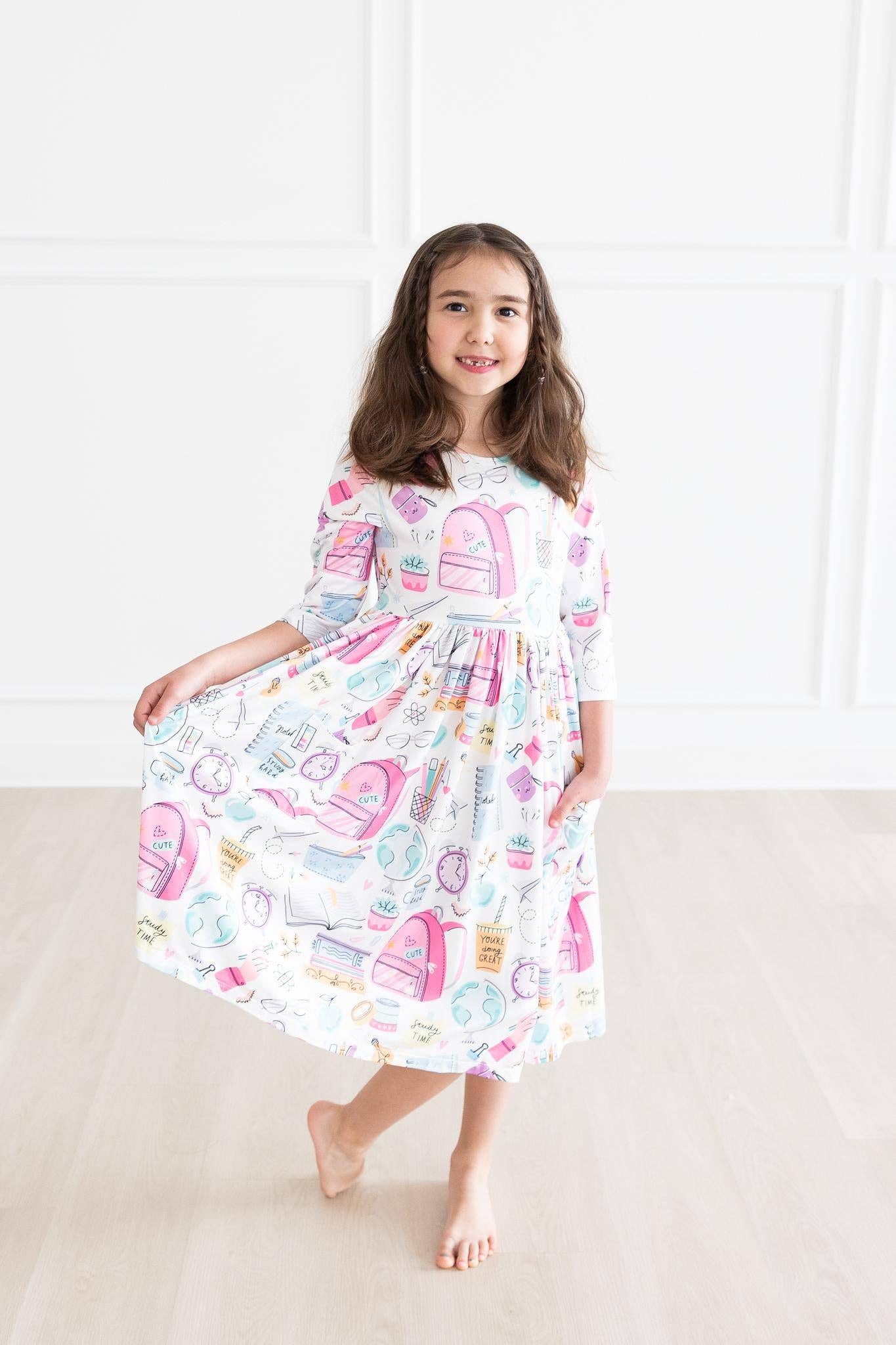 School is Cool 3/4 Sleeve Girls Pocket Twirl Dress