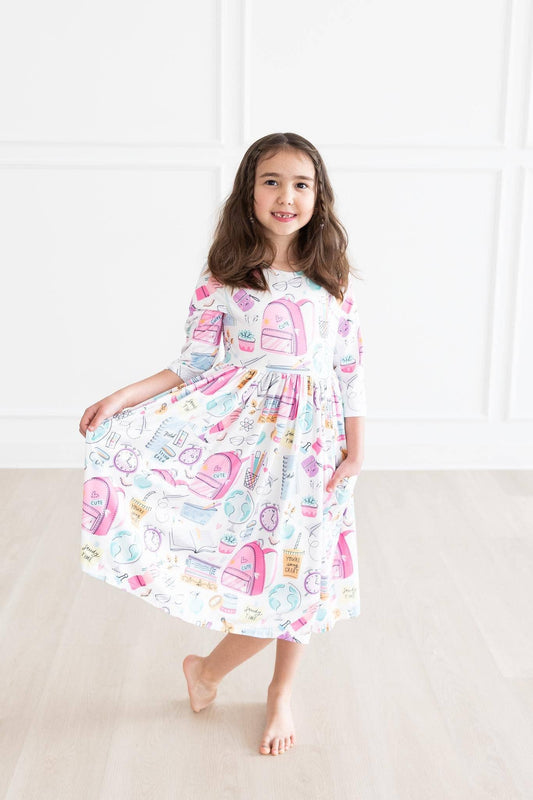 School is Cool 3/4 Sleeve Girls Pocket Twirl Dress