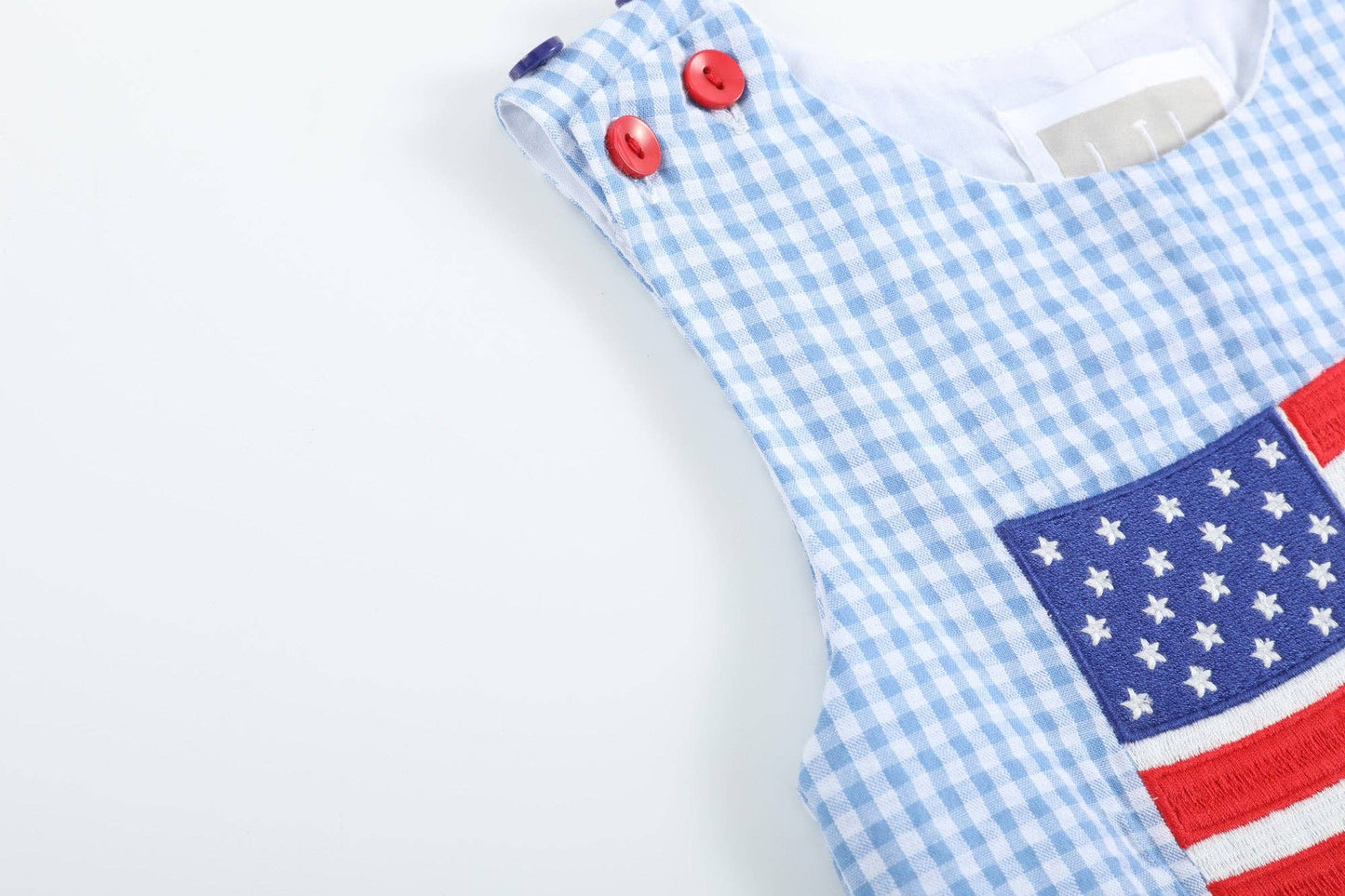 Blue Gingham American Flag Boys Pocket Shortalls