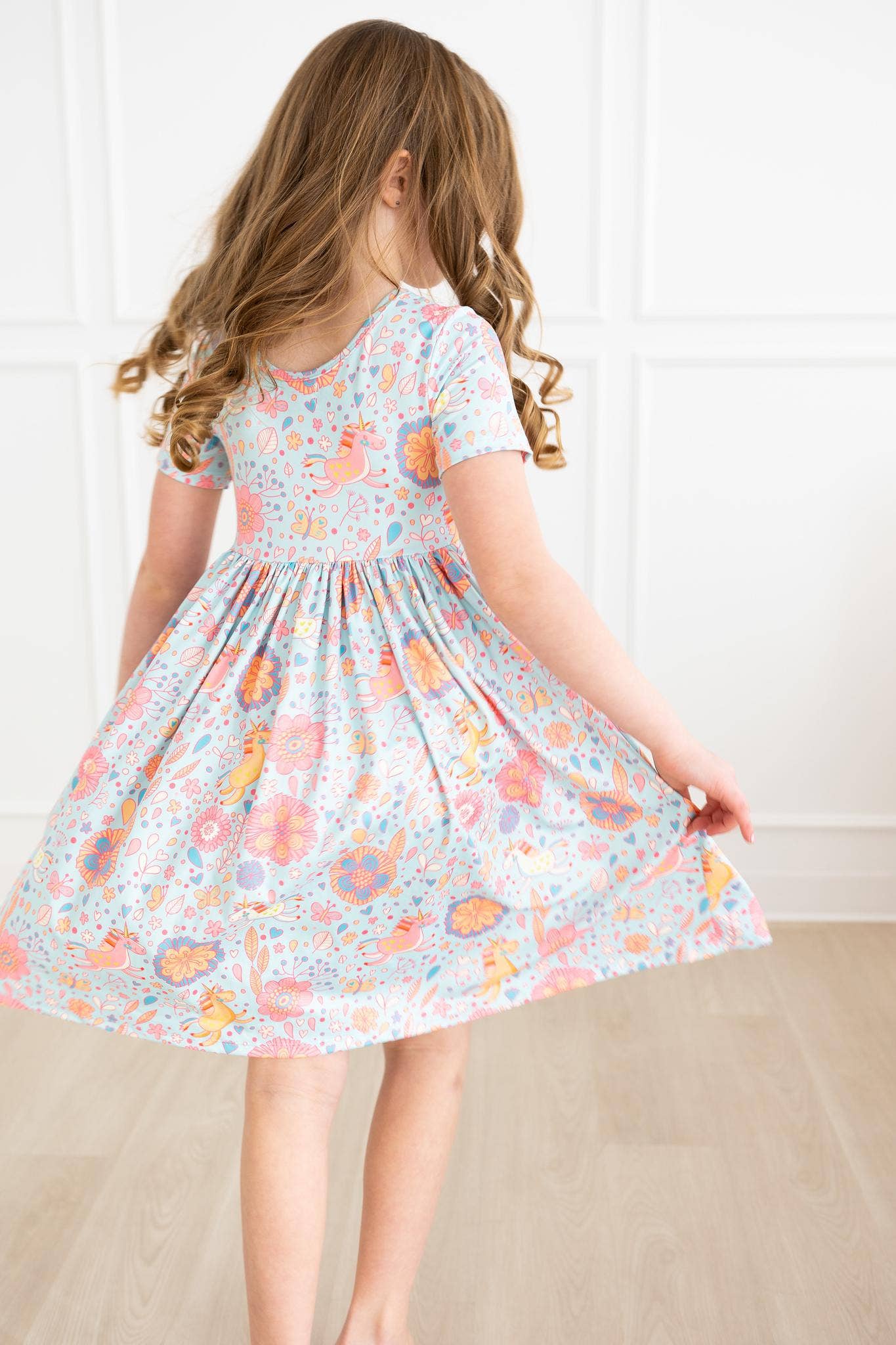 Blue and Pink Retro Unicorns Girls Pocket Twirl Dress