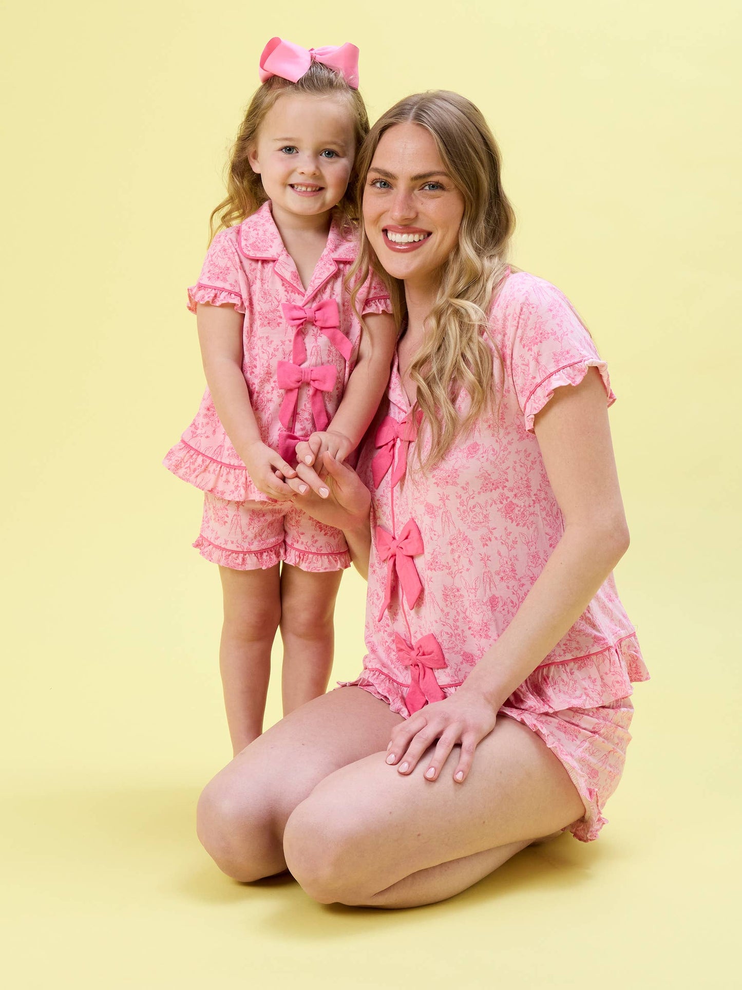 SoftSnooze™ Women's Bamboo Viscose Pink Cottontail Toile Short Sleeve Bow Ruffle Pajama Set