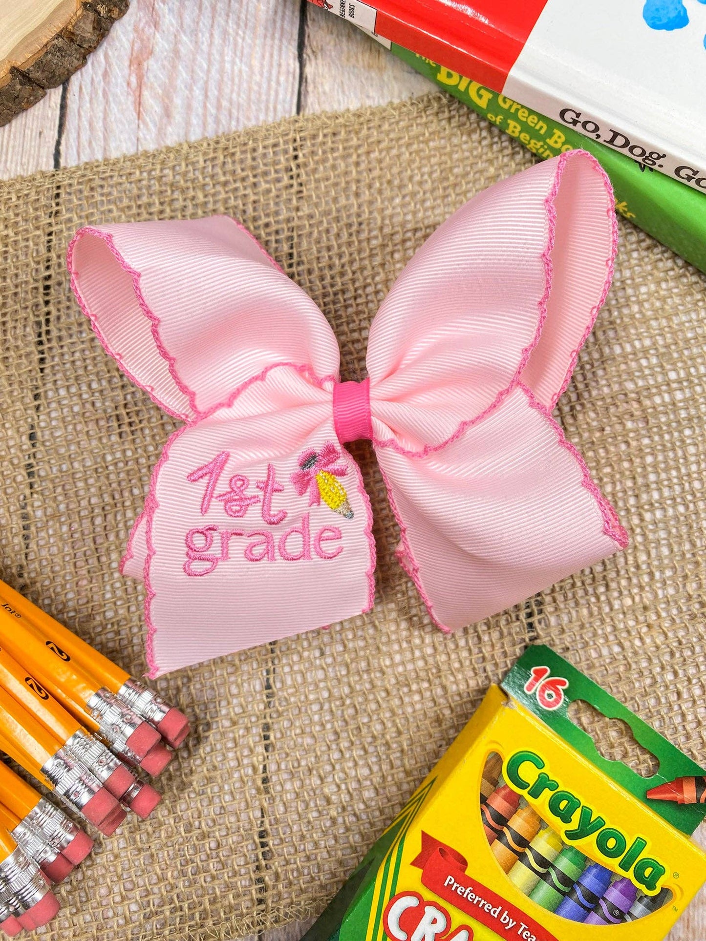 Pink Kinder School Grade Embroidered Moonstitch Hair Bow: Kindergarten
