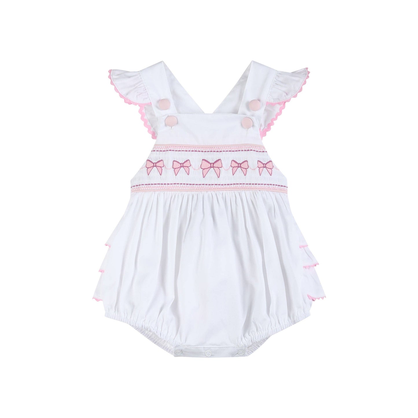 White and Pink Bows Smocked Ruffle Romper