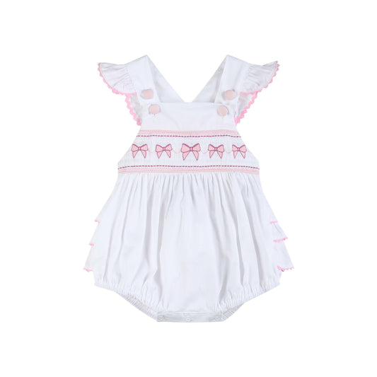 White and Pink Bows Smocked Ruffle Romper