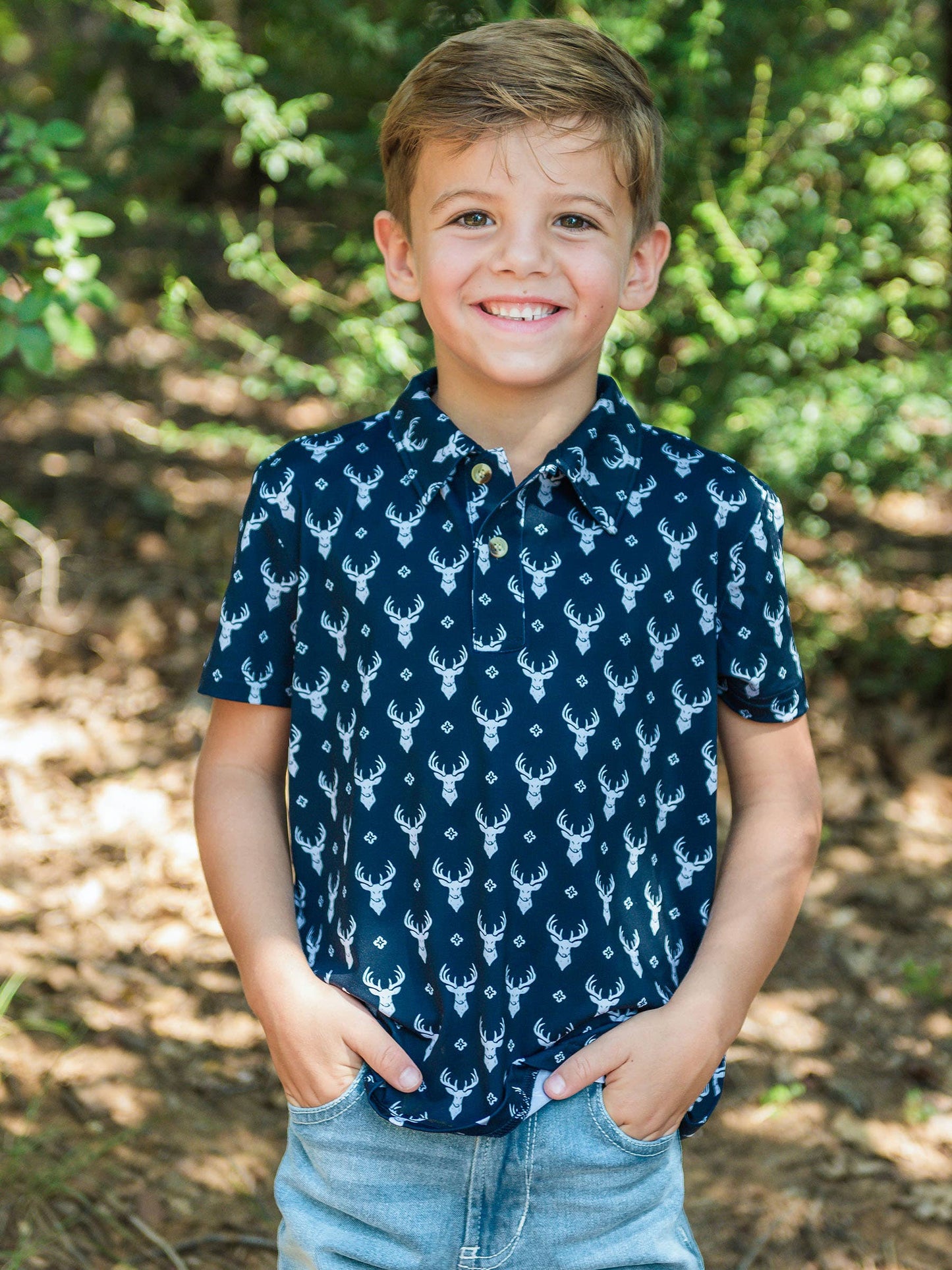 Boys Little Deer Lodge Knit Short Sleeve Navy Performance Polo
