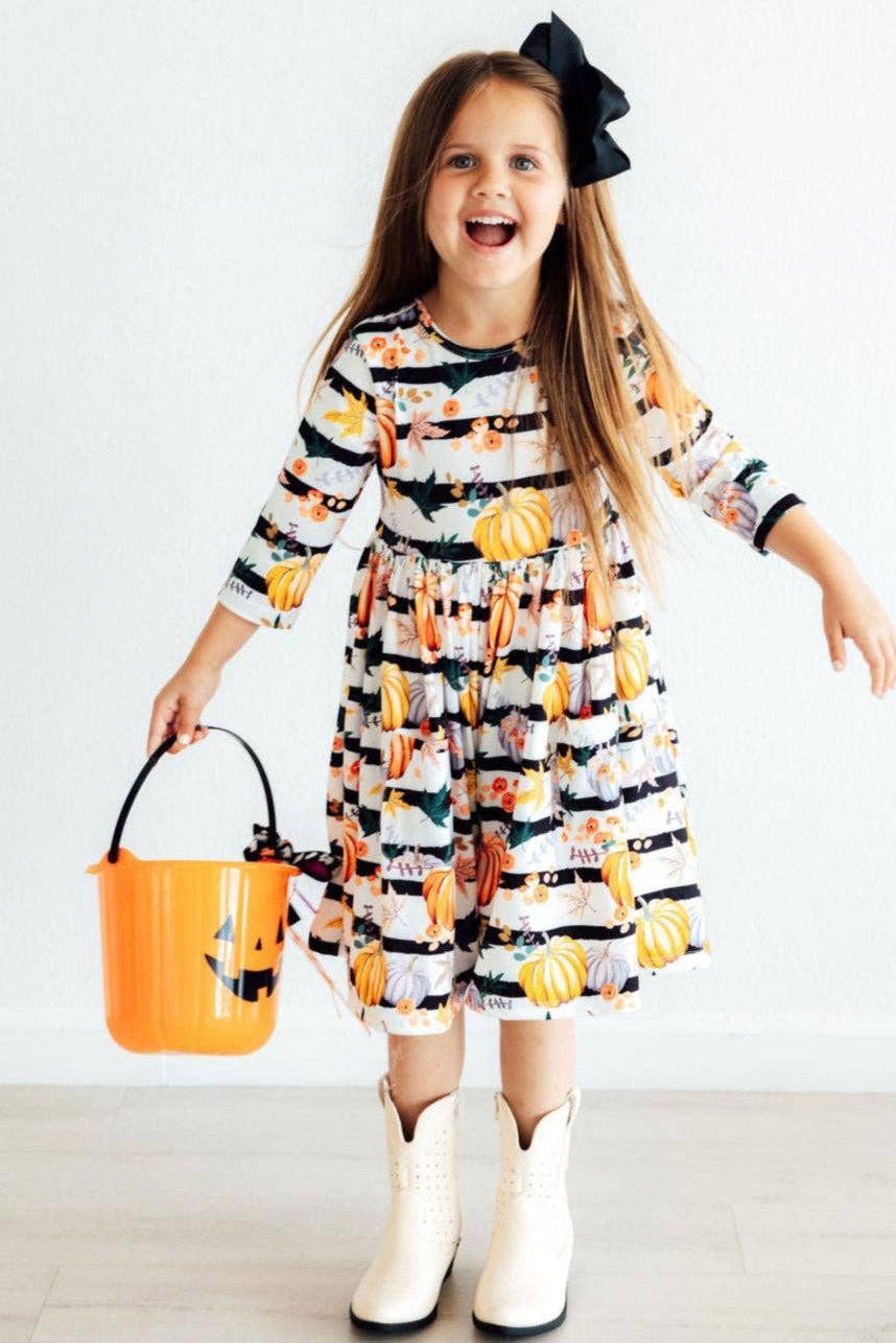 Pumpkins & Peonies 3/4 Sleeve Pocket Girls Twirl Dress
