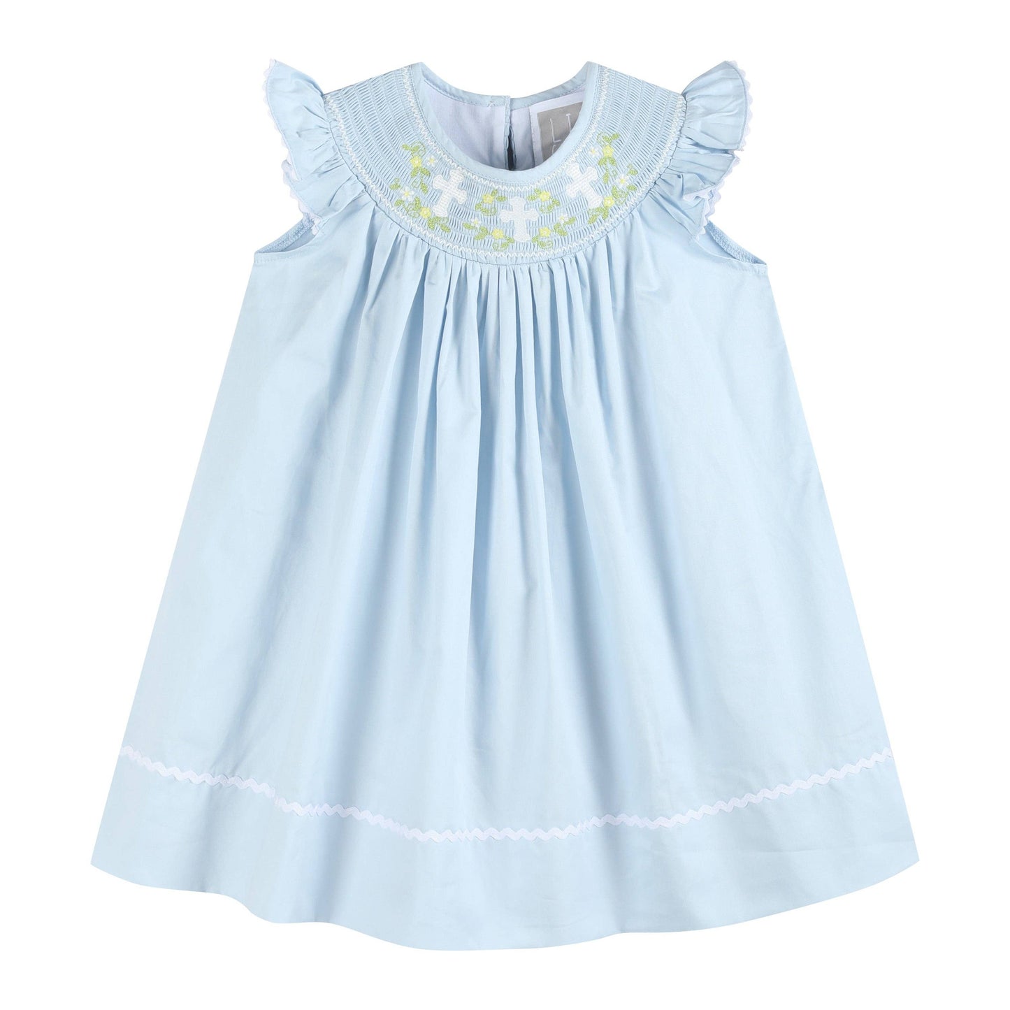 Blue Floral Crosses Smocked Bishop Girls Dress