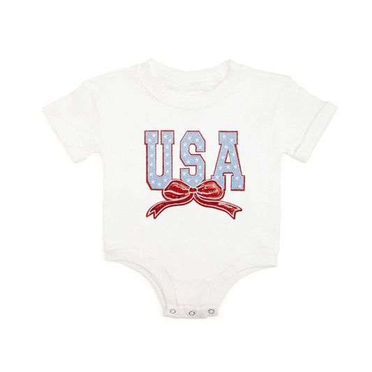 USA Stars & Bow Patch Short Sleeve Girls Romper