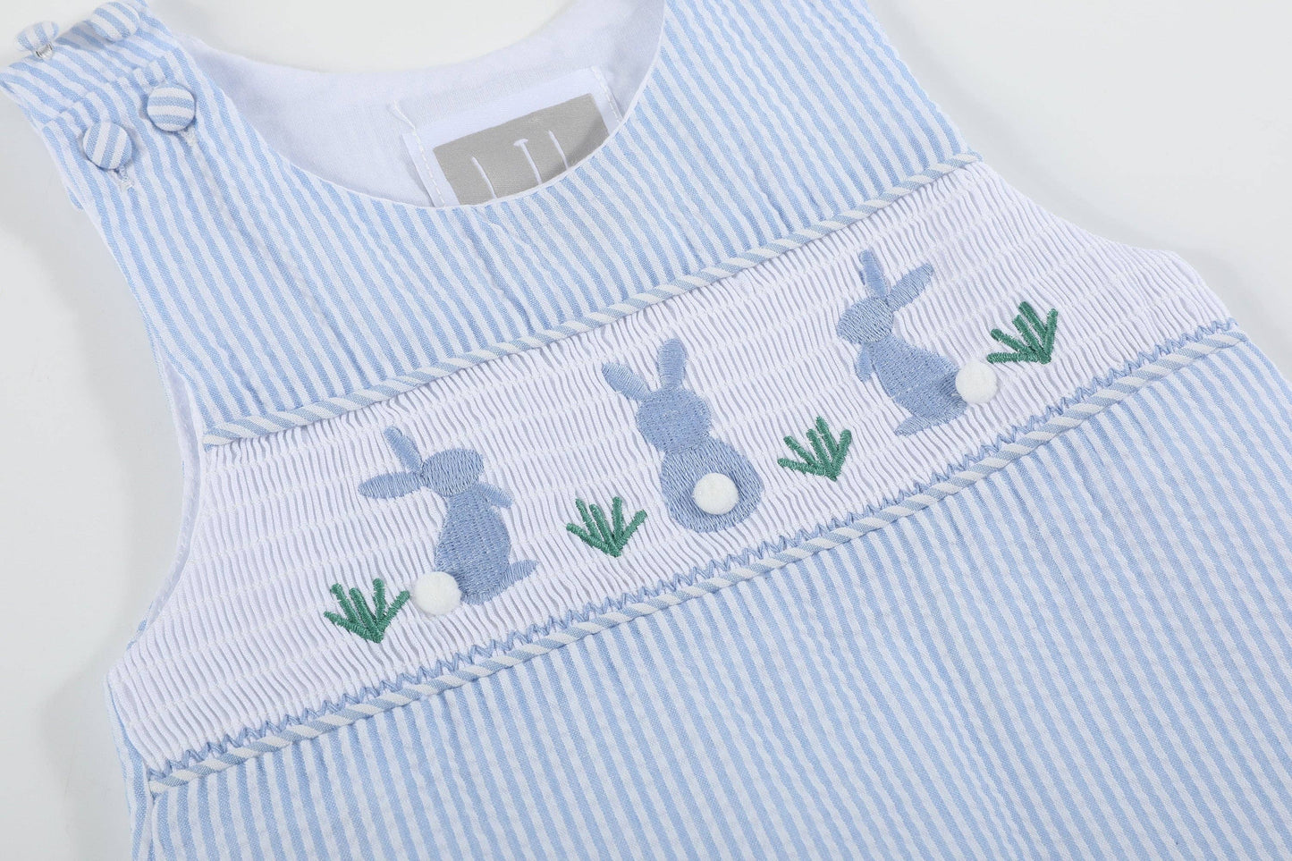 Light Blue Seersucker Easter Bunny Boys Smocked Overalls
