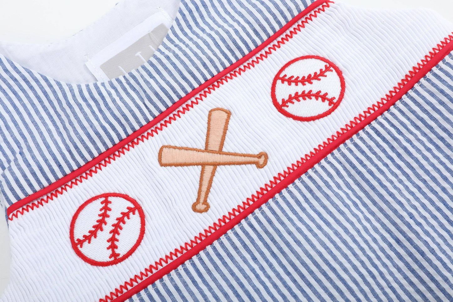 Boys Blue Seersucker Baseball Smocked Shortalls