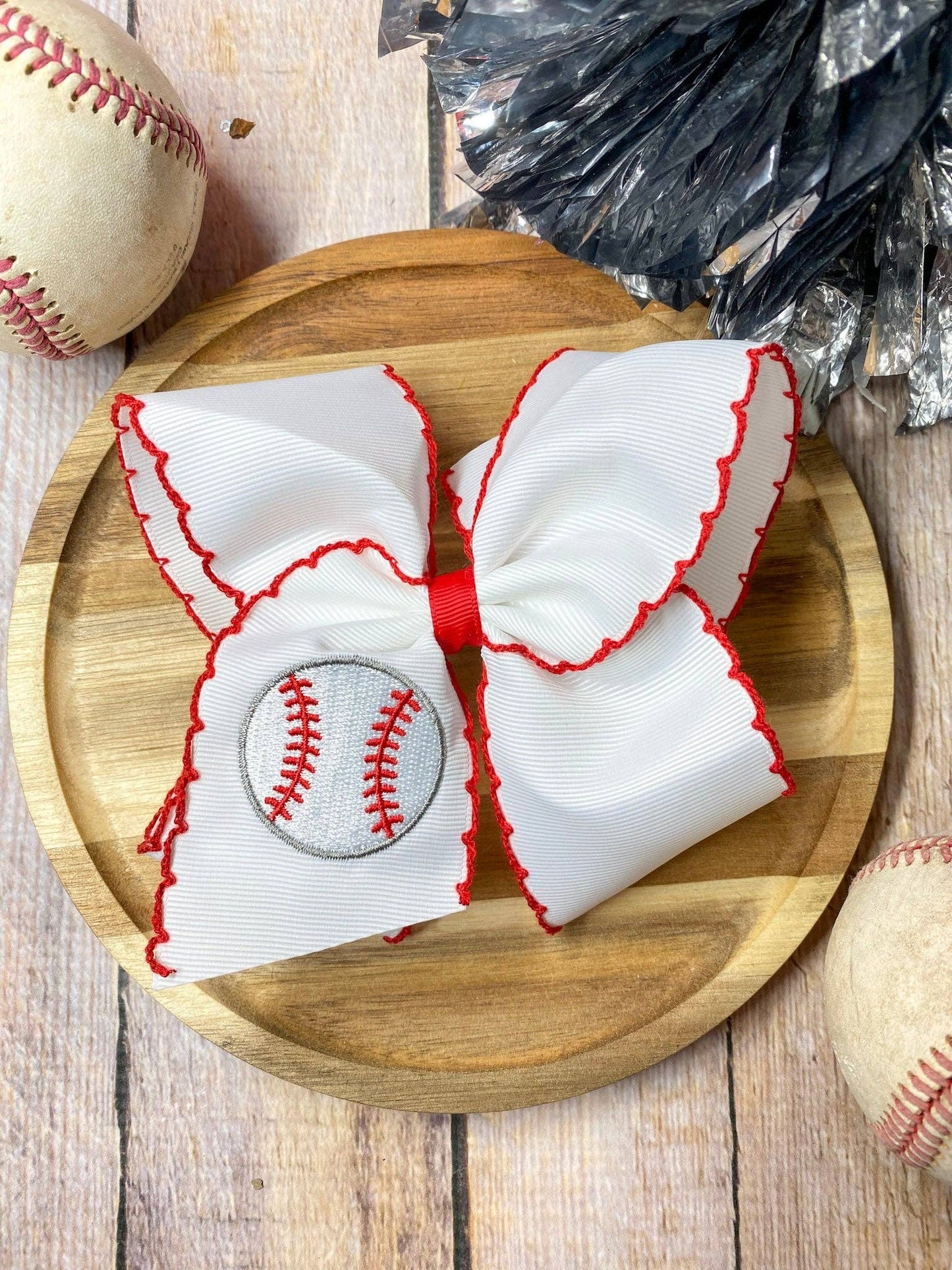 Baseball Moonstitch Embroidered Girls Hair Bow