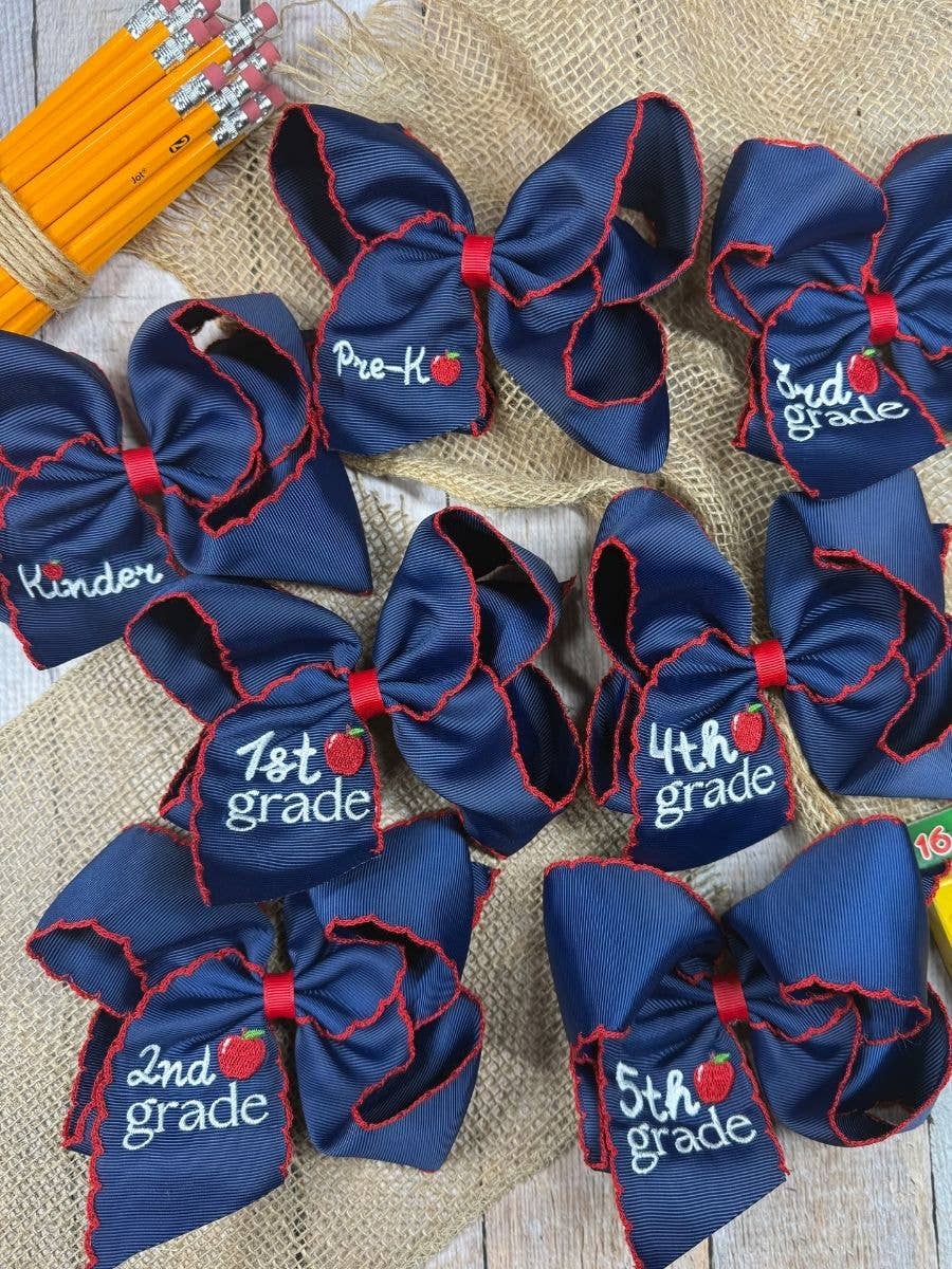 Navy Kinder Grade Embroidered Apple Moonstitch Hair Bow: Kindergarten
