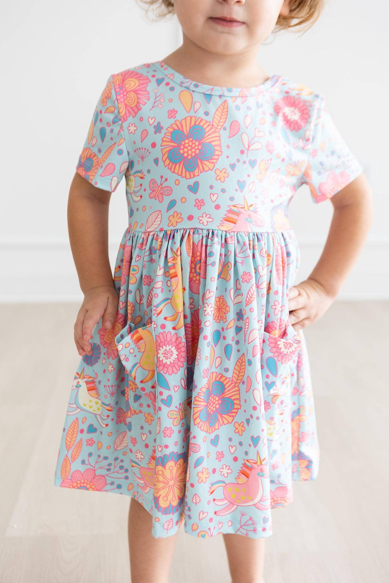 Blue and Pink Retro Unicorns Girls Pocket Twirl Dress