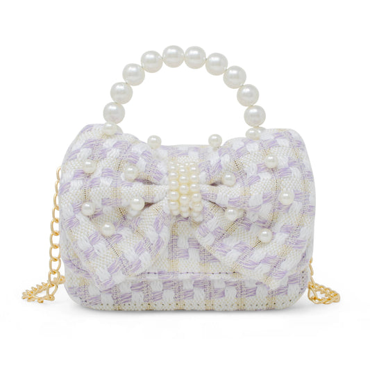 Girls Tweed Jumbo Pearl Bow Handbag: Purple