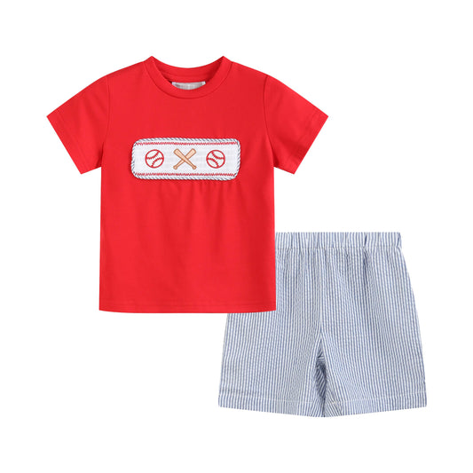 Red and Blue Baseball Smocked Boys Short Set