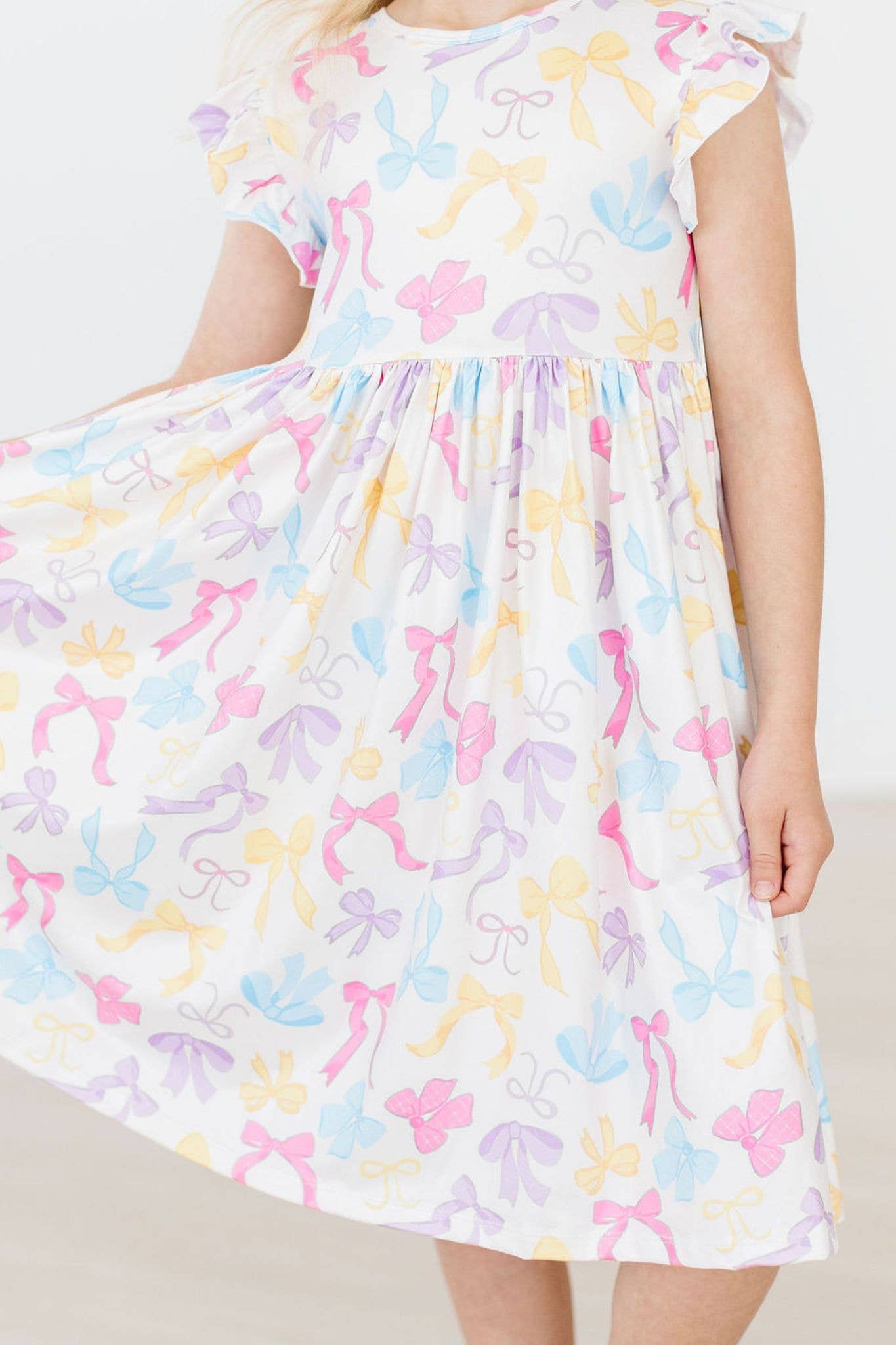 Bow-tastic Flutter Sleeve Girls Twirl Dress