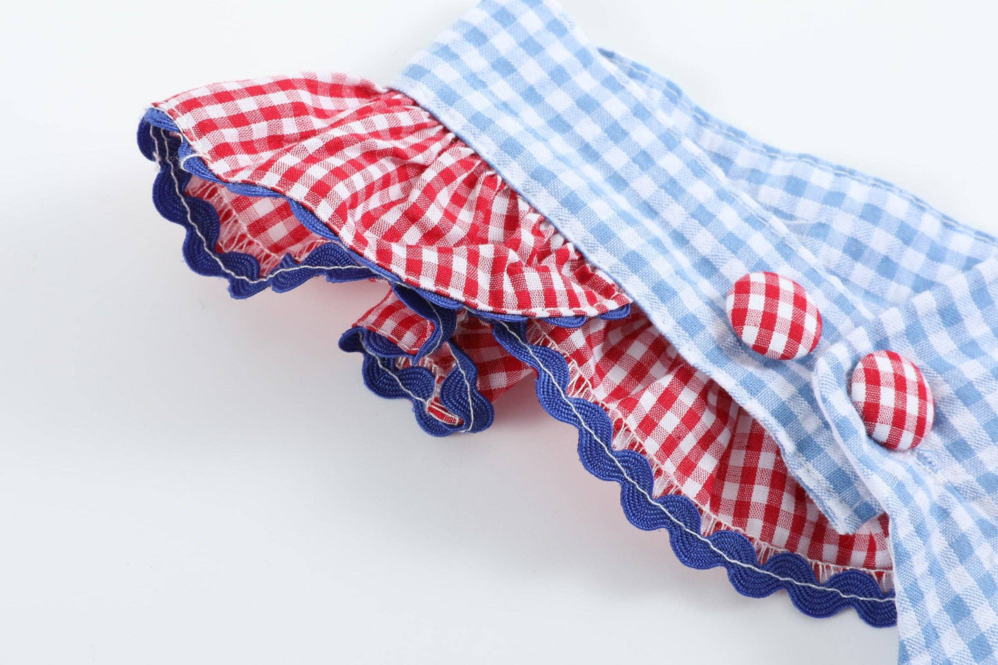 Light Blue and Red Gingham USA Flag Ruffled Romper