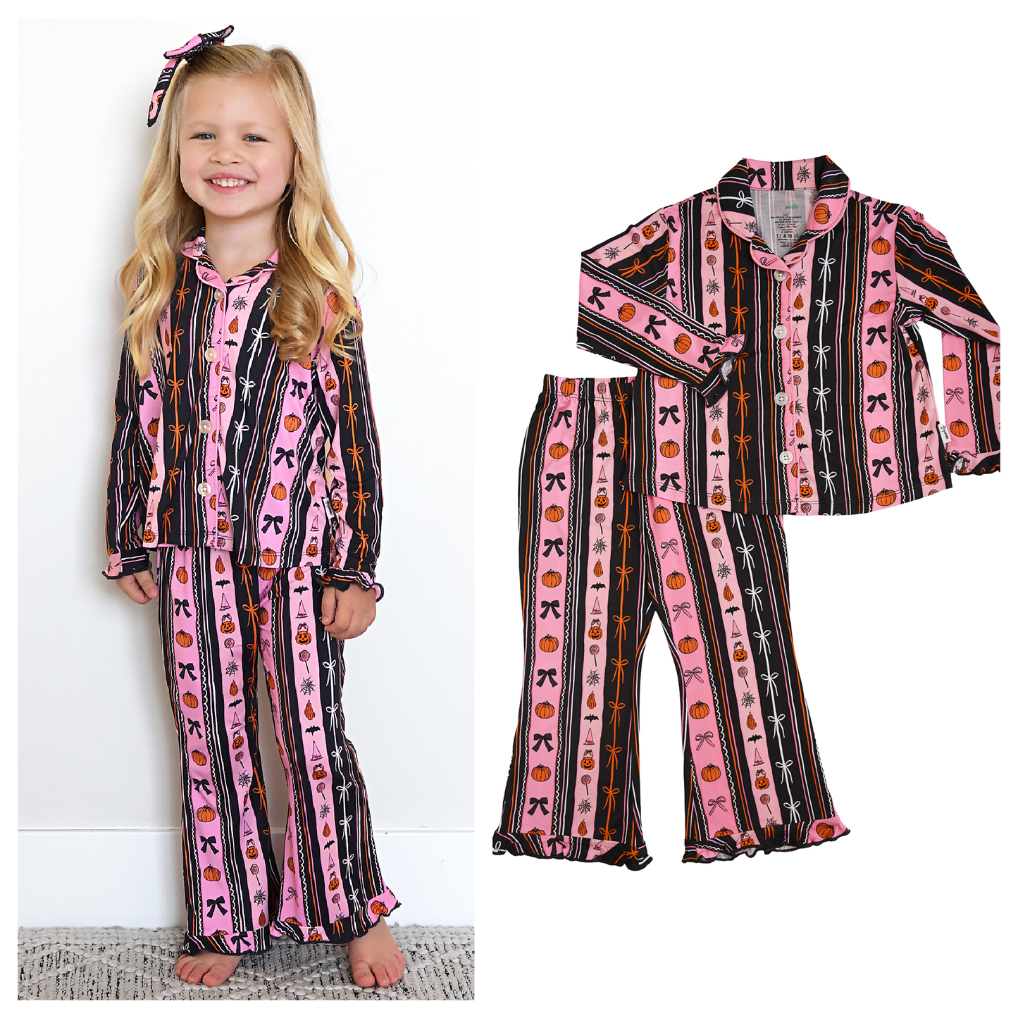 Kids Bamboo Halloween Pumpkins Ruffle Lounge Set