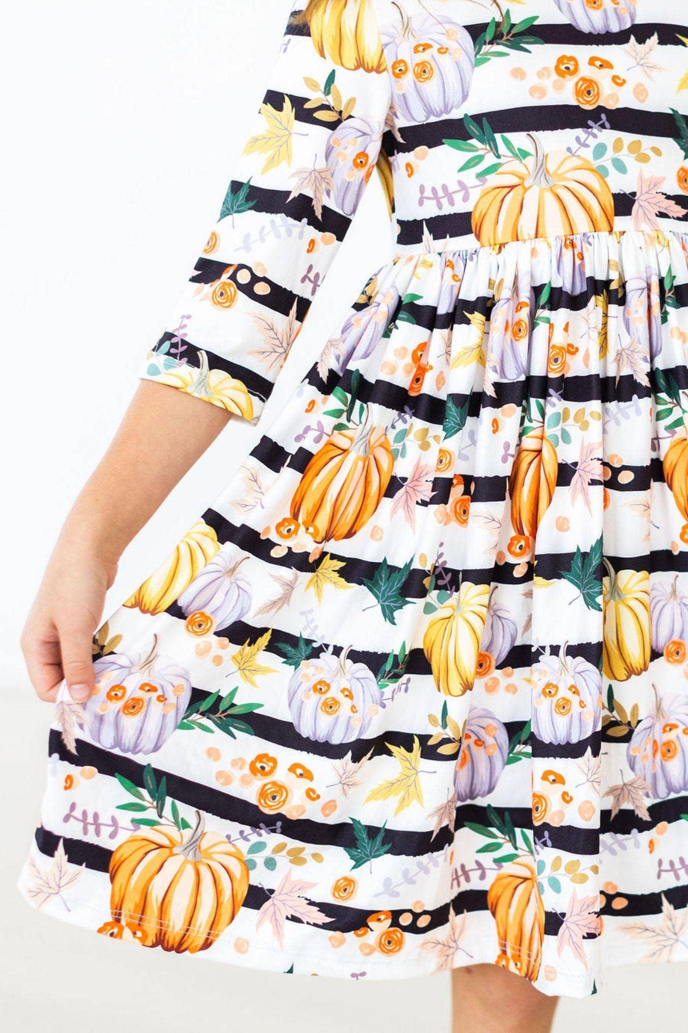 Pumpkins & Peonies 3/4 Sleeve Pocket Girls Twirl Dress