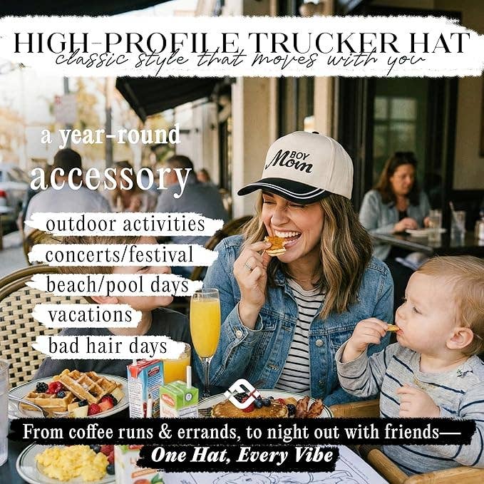 Embroidered Brim Trucker Hat - Boy Mom - Black/Beige