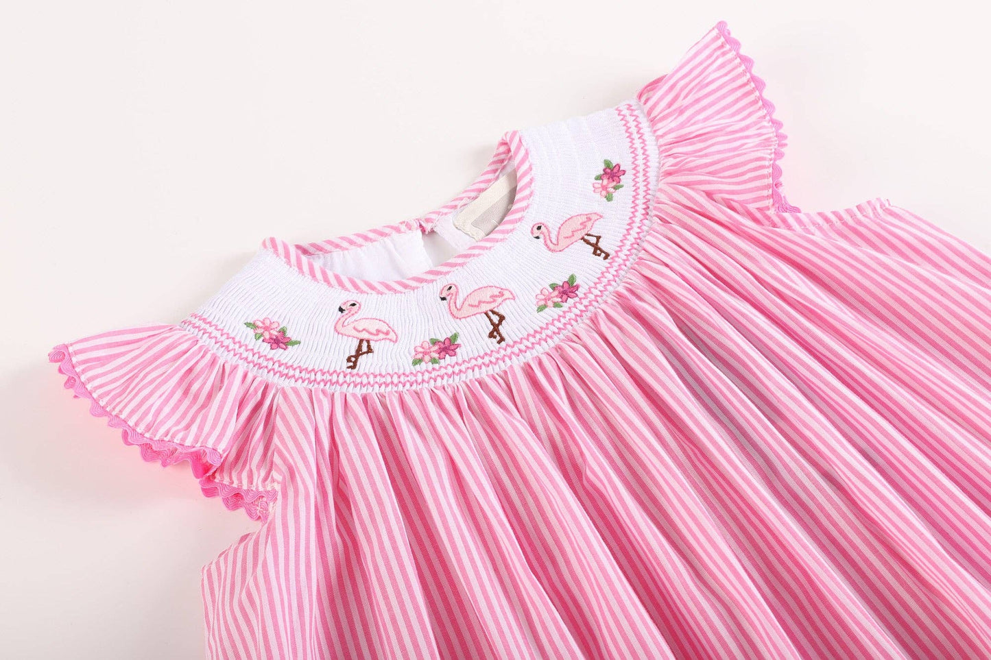 Pink Striped Flamingo Smocked Bishop Dress