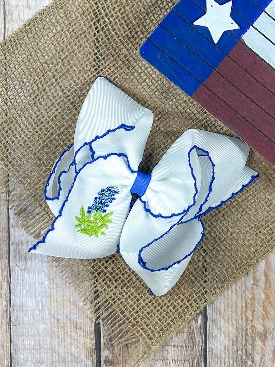 Bluebonnets Embroidered Moonstitch Girls Hair Bow