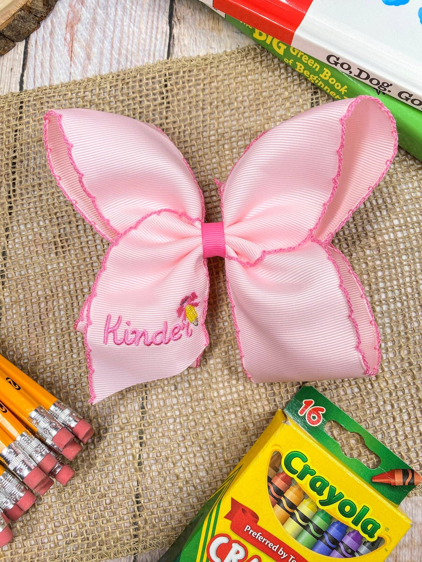 Pink Kinder School Grade Embroidered Moonstitch Hair Bow: Kindergarten