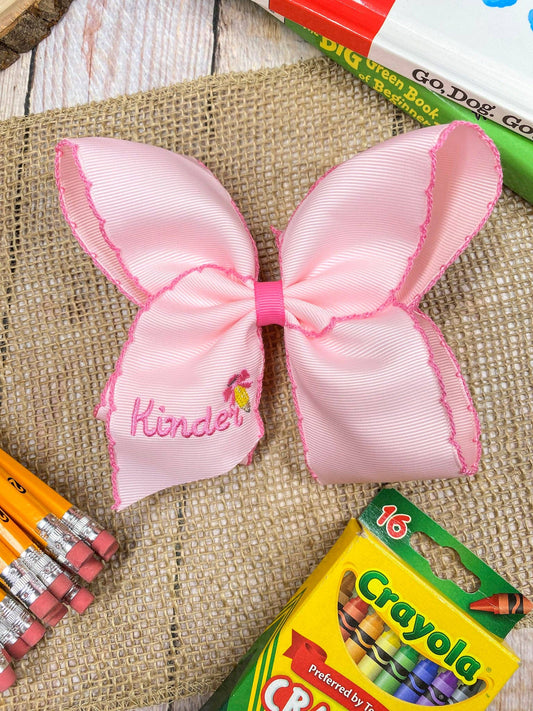 Pink Kinder School Grade Embroidered Moonstitch Hair Bow: Kindergarten