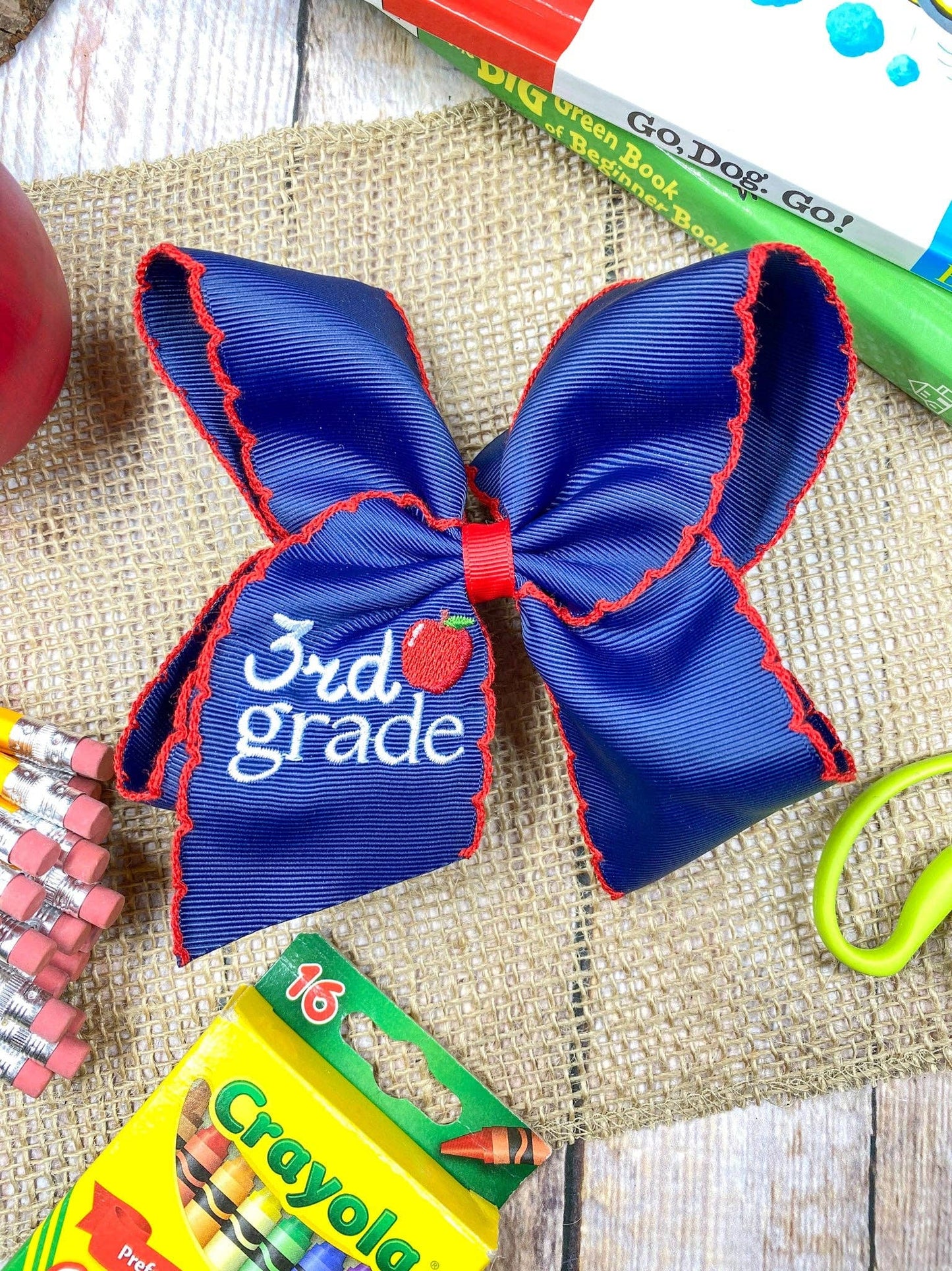 Navy First Grade Embroidered Apple Moonstitch Hair Bow: 1st Grade