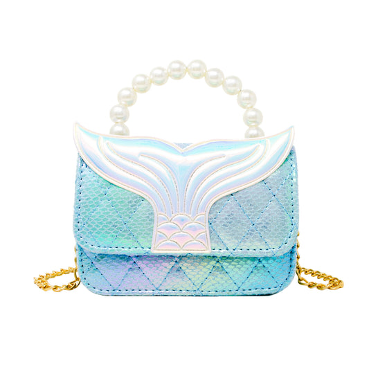 Girls Mermaid Tail Pearl Handle Hand Bag: Blue