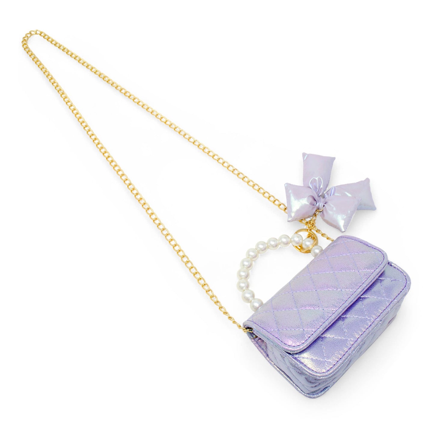 Girls Shiny Quilted Fluffy Bow Handbag: Purple