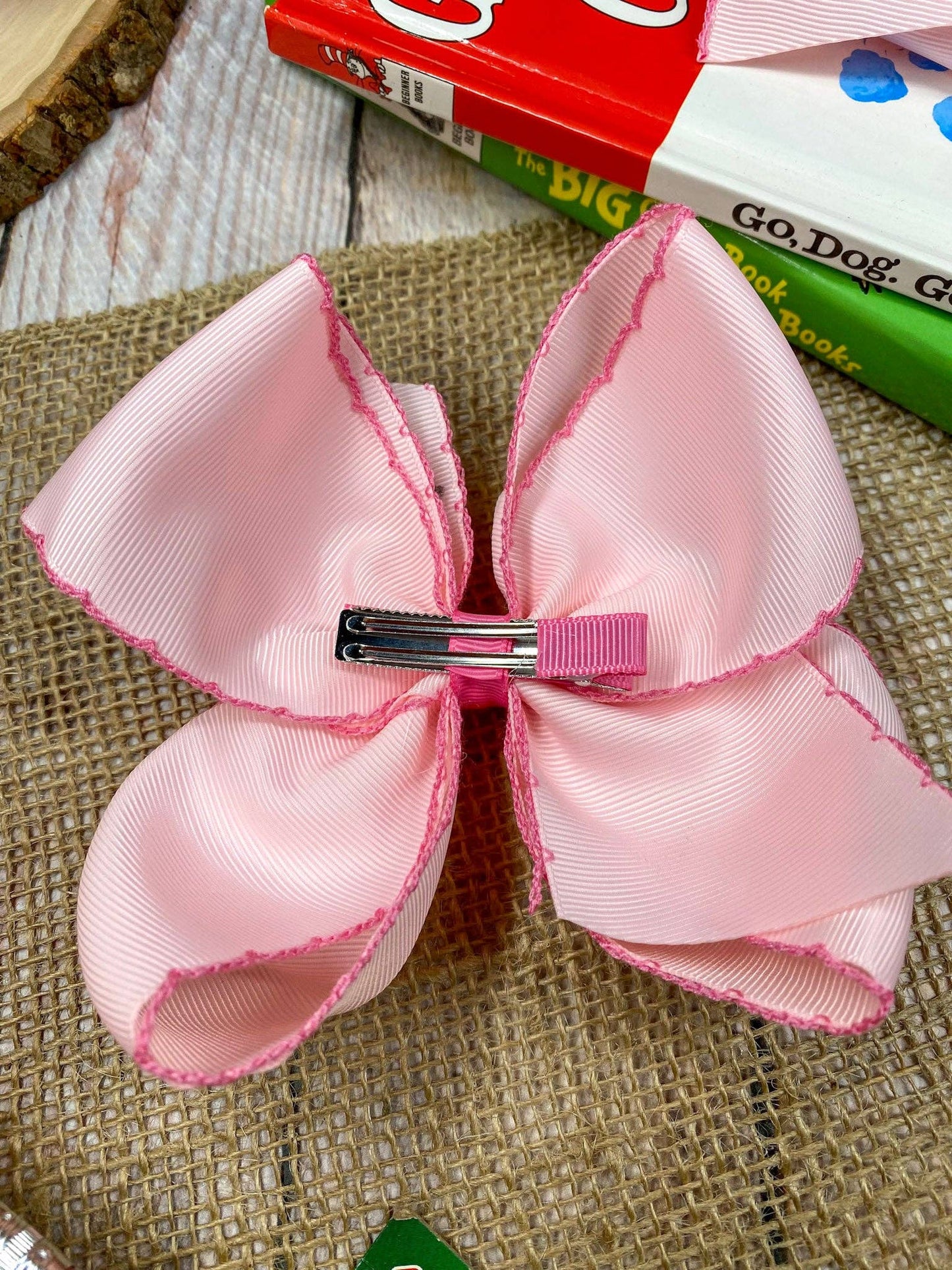 Pink First Grade Embroidered Moonstitch Hair Bow: 1st Grade