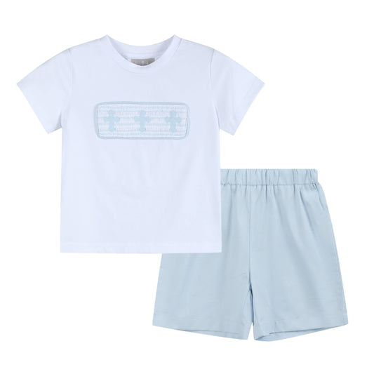Light Blue Shorts and White Crosses Shirt Boys Set