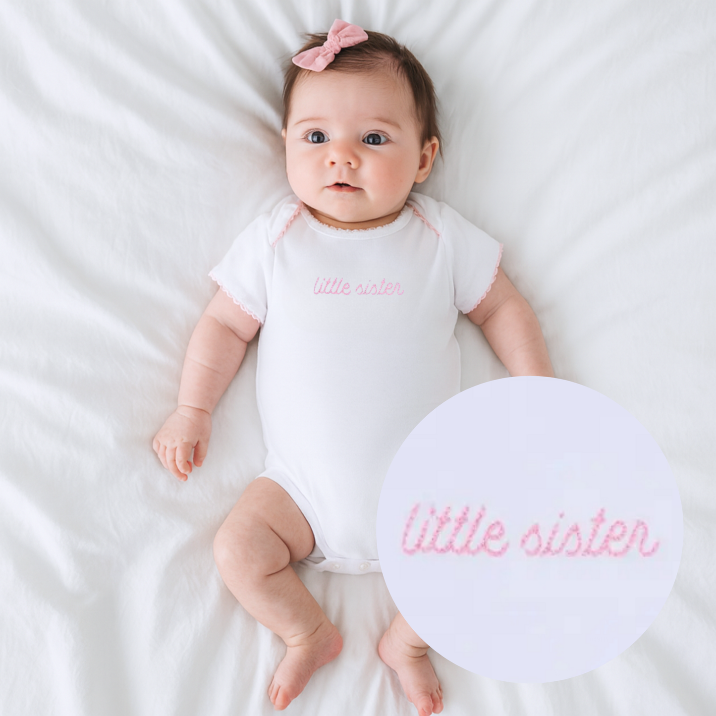 Little Sister Embroidered in Pink Bodysuit